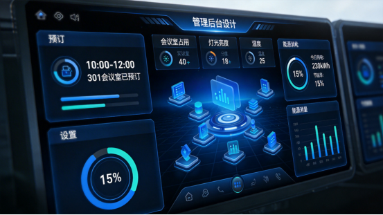 智能灯光控制系统界面,实时显示场地状态和能源消耗数据